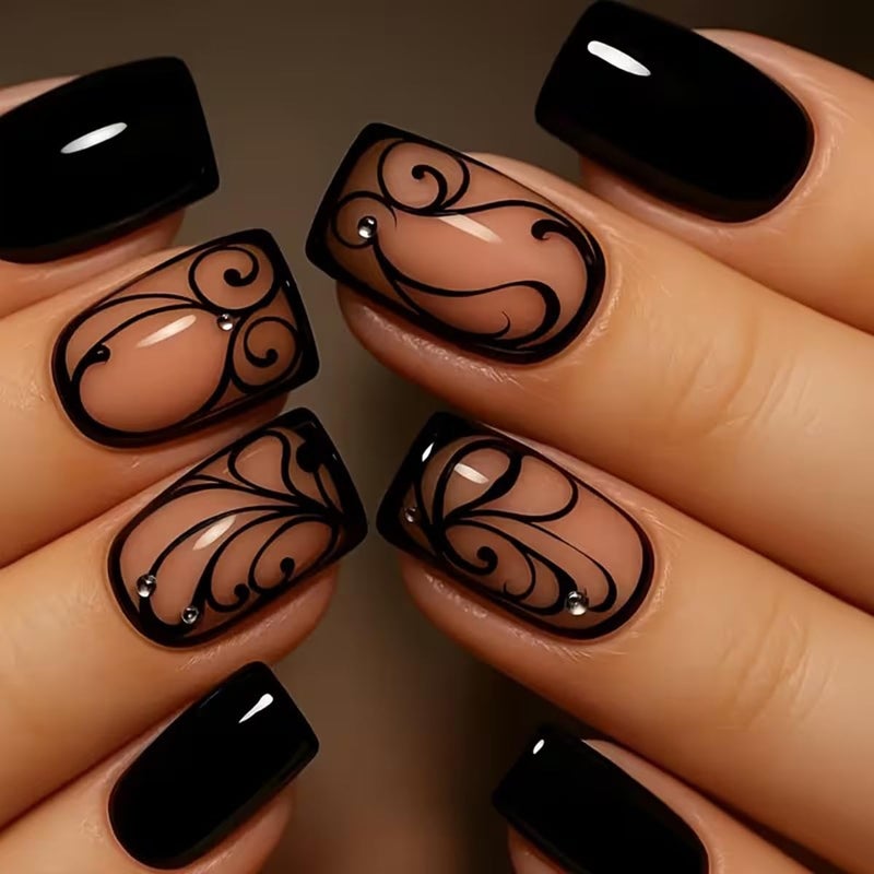 juggssa Black Press on Nails Short Square Fake Nails with Designs Black Vine Acrylic False Nail Kits Glossy Full Cover Spring Winter Glue on Nails with Rhinestone Artificial Stick on Nail for Women 24PCS - Image 1